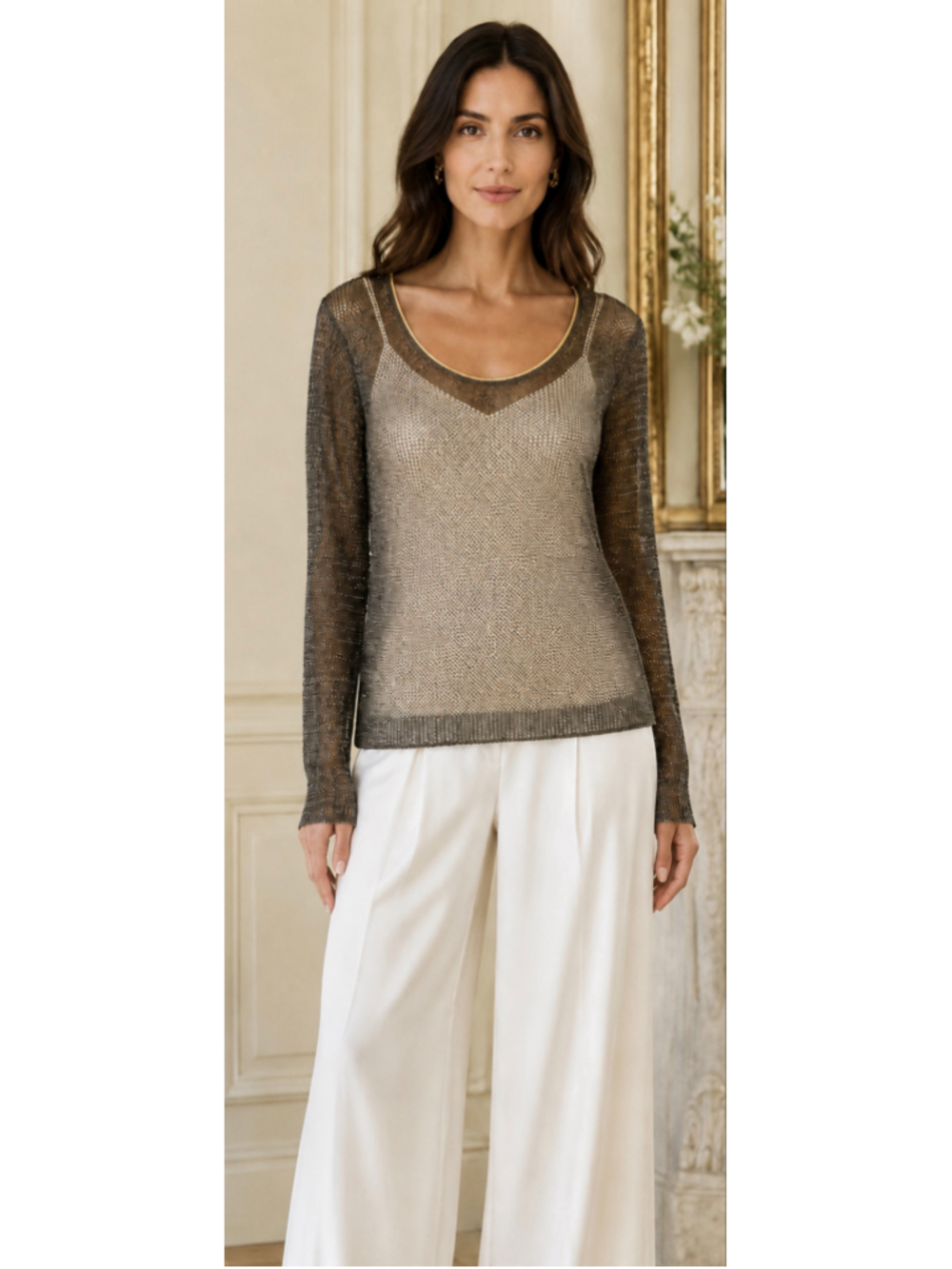 Minnie Rose Metallic Scoop Neck Sweater Brown Gold Trim Size M Lux Chic